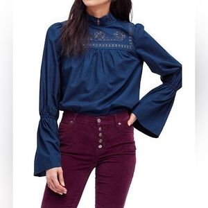 Free People Teal Jewel Another Eternity Cut Out Embroidered Blouse Size Small